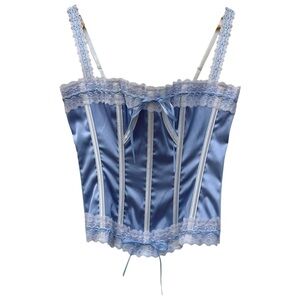 Vintage coquette cornflower blue white lace spaghetti strap boned corset size S